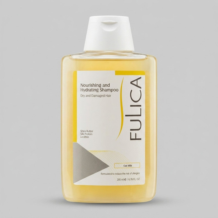 شامپو تقویتکننده مو فولیکا مخصوص موهای خشک و آسیبدیده، حجم 200 میلیلیتر مدل Nourishing And Hydrating، حاوی کراتین و ترکیبات نرمکننده، مرطوبکننده، لطافتبخش، براقکننده، با عصارههای جو دوسر و شی باتر