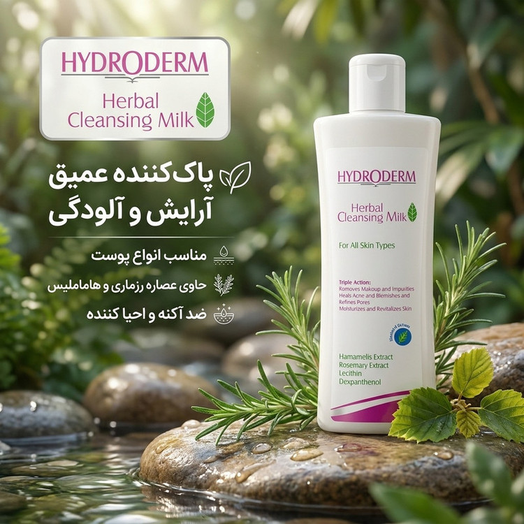 کرم پاک کننده آرایش هیدرودرم، سازگار با انواع پوست، با خاصیت پاک کننده آلودگی و آرایش، ضد آکنه و جوش، تمیز کننده منافذ پوست، مرطوب کننده، احیا کننده، دارای عصاره رزماری و هاماملیس، لسیتین، دکسپانتنول، حجم 200 میلیلیتر، مدل هربال